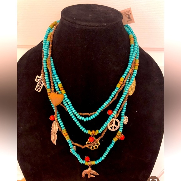 Boho Multi-Strand Wooden Bead Charm Necklace – Turquoise Tone, Cross, Peace Sign - Picture 1 of 6
